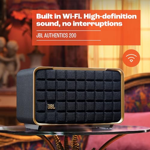 JBL Authentics 200 Smart Home Lautsprecher, Retro Design, Bluetooth, Quadrex Grill, Google Assistant, Alexa, AirPlay, JBL One App, Schwarz