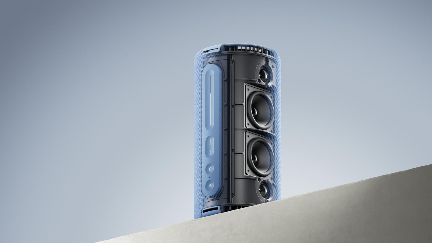 Loewe We. Hear Pro Denim Bluetooth Lautsprecher, 100W, IPX6 wasserresistent, tragbar, 24h Akku, Powerbank, Kooperation mit Kylian Mbappé