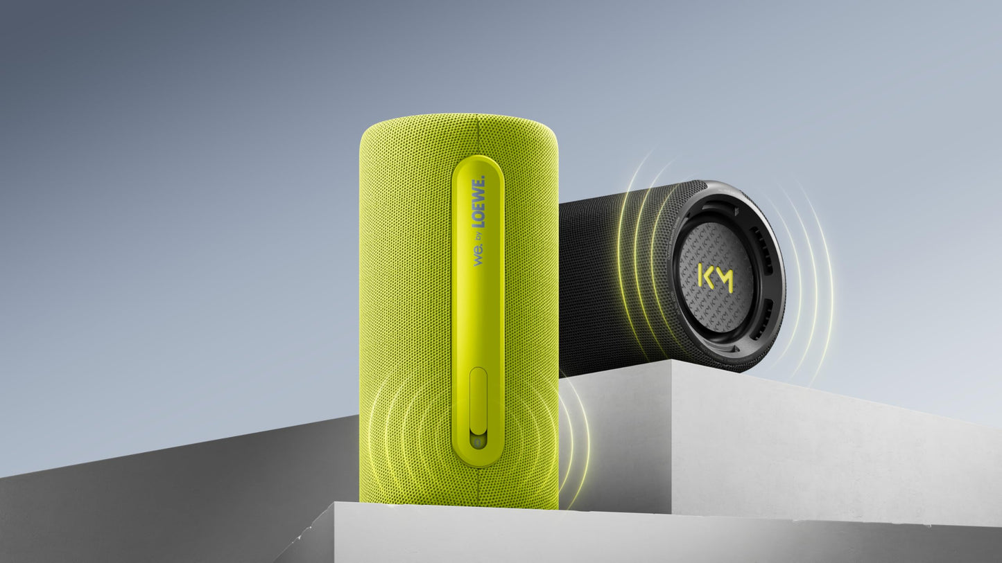 Loewe We. Hear Pro Denim Bluetooth Lautsprecher, 100W, IPX6 wasserresistent, tragbar, 24h Akku, Powerbank, Kooperation mit Kylian Mbappé