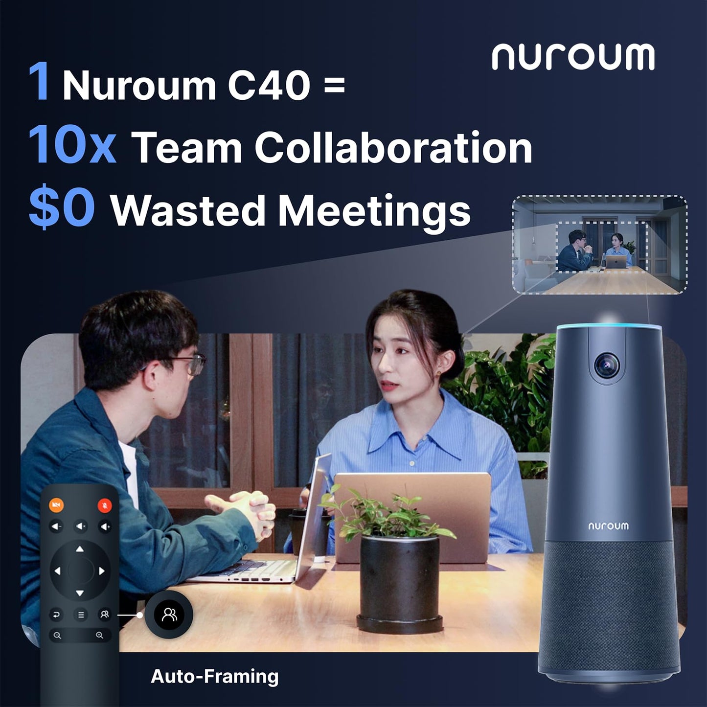 Nuroum C40 Videokonferenz Webcam mit Mikrofon & Lautsprecher, 120° Weitwinkel, Auto-Framing, 5X Zoom, 2K FHD, Fernbedienung, für Zoom/Teams