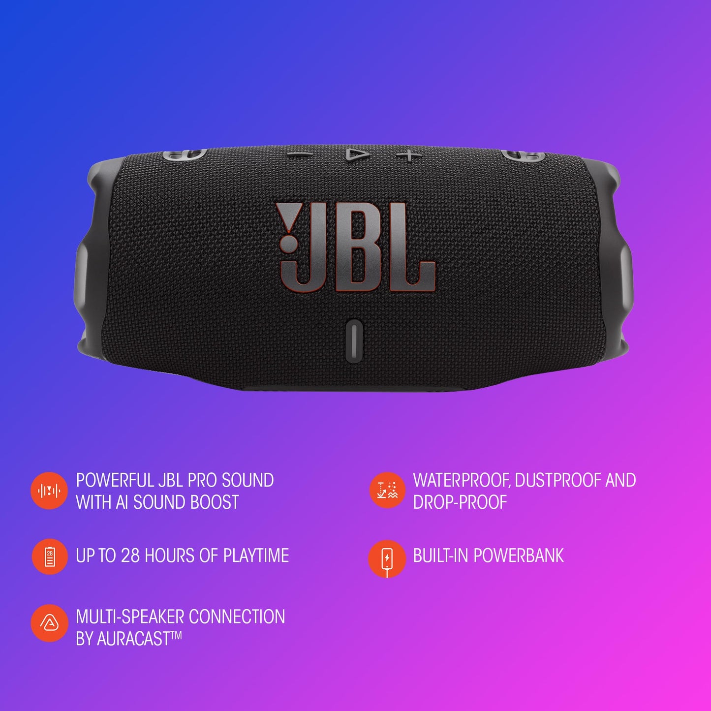 JBL Charge 6 Bluetooth Lautsprecher, 28h Akku, IP68 wasserdicht, staub- & stoßfest, Pro Sound mit AI Boost, Auracast Multi-Speaker, Squad