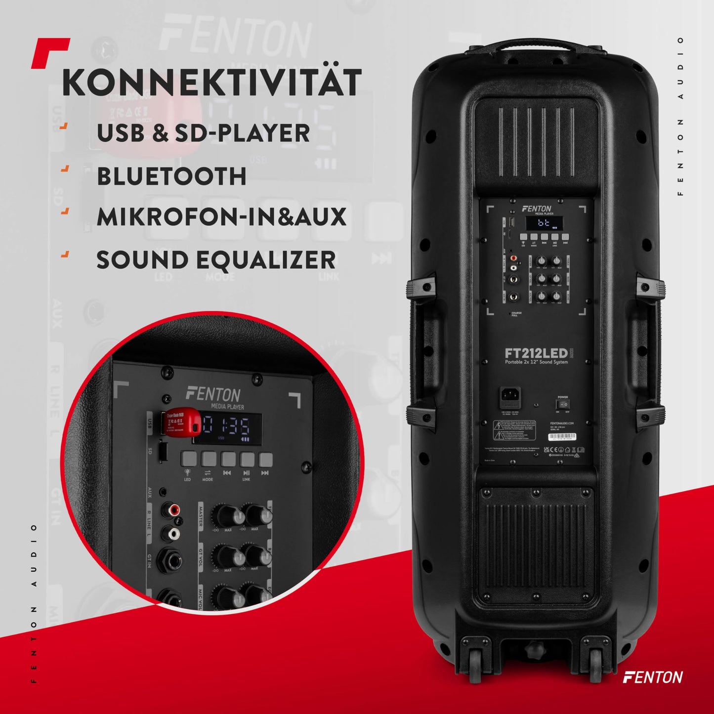 Fenton FT212LED MK2 Partybox Bluetooth Lautsprecher 1400W, 15" LED Subwoofer, Mikrofon, Akku & Netzbetrieb, AUX, USB, Stereo-Pairing