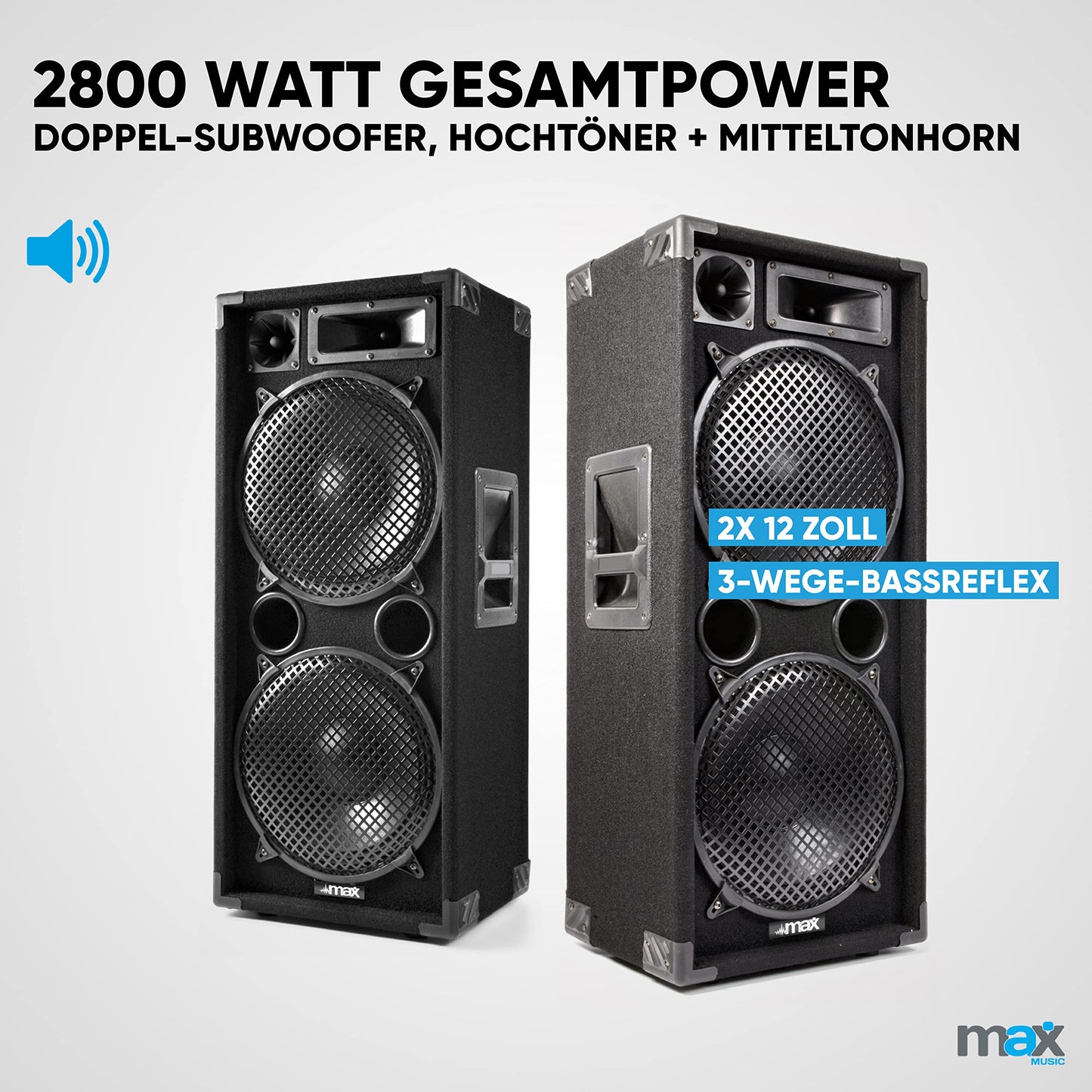 MAX212 DJ Starter Kit: 2800W Boxen Set mit Verstärker, Bluetooth, MP3, USB, 2 Lautsprecher, PA-Anlage Komplettset