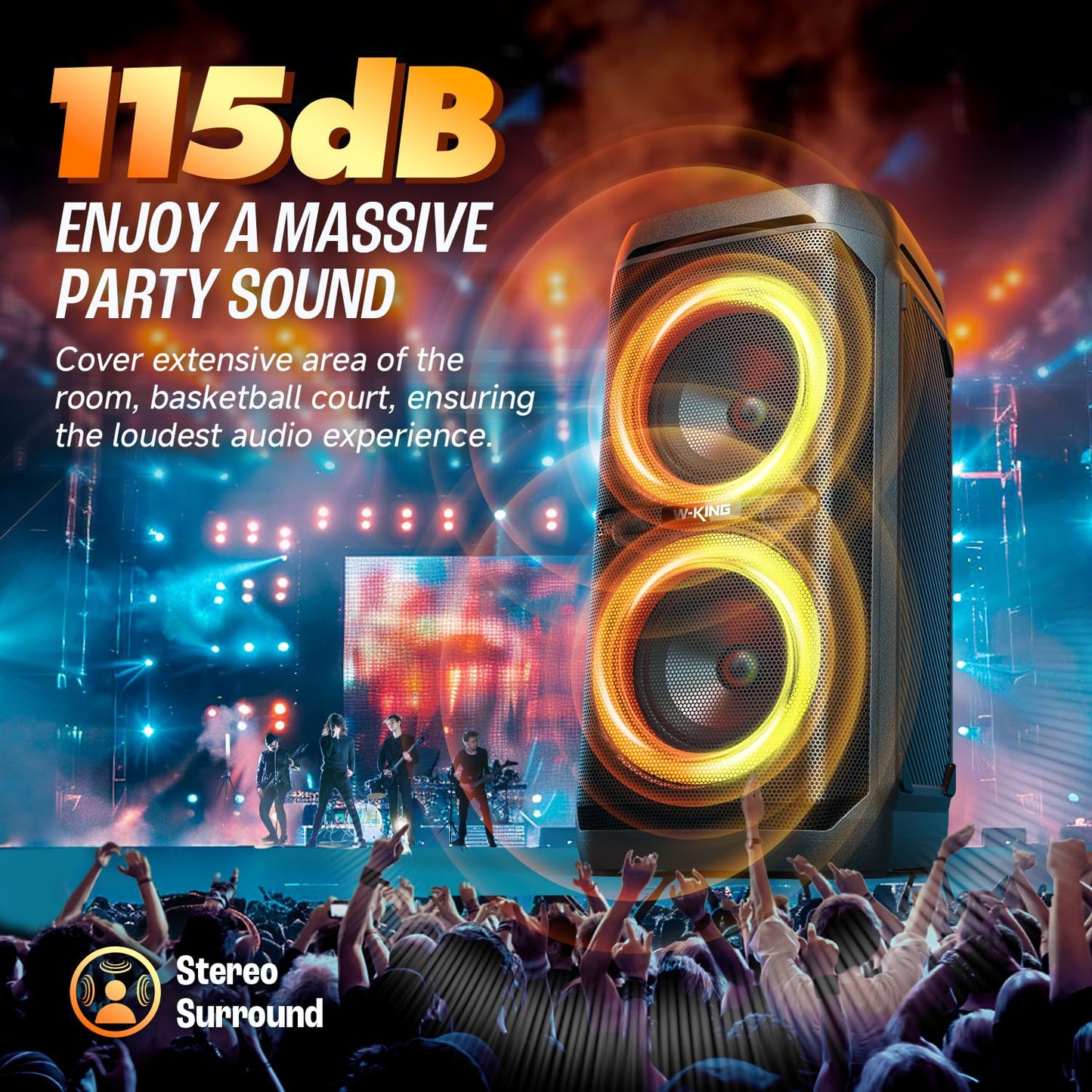 W-KING 240W Peak Party Bluetooth Lautsprecher, Outdoor, IPX6 wasserdicht, 115dB, Dual Bass, BT5.3, 24h Akku, EQ, Echo, DSP, Licht, TF