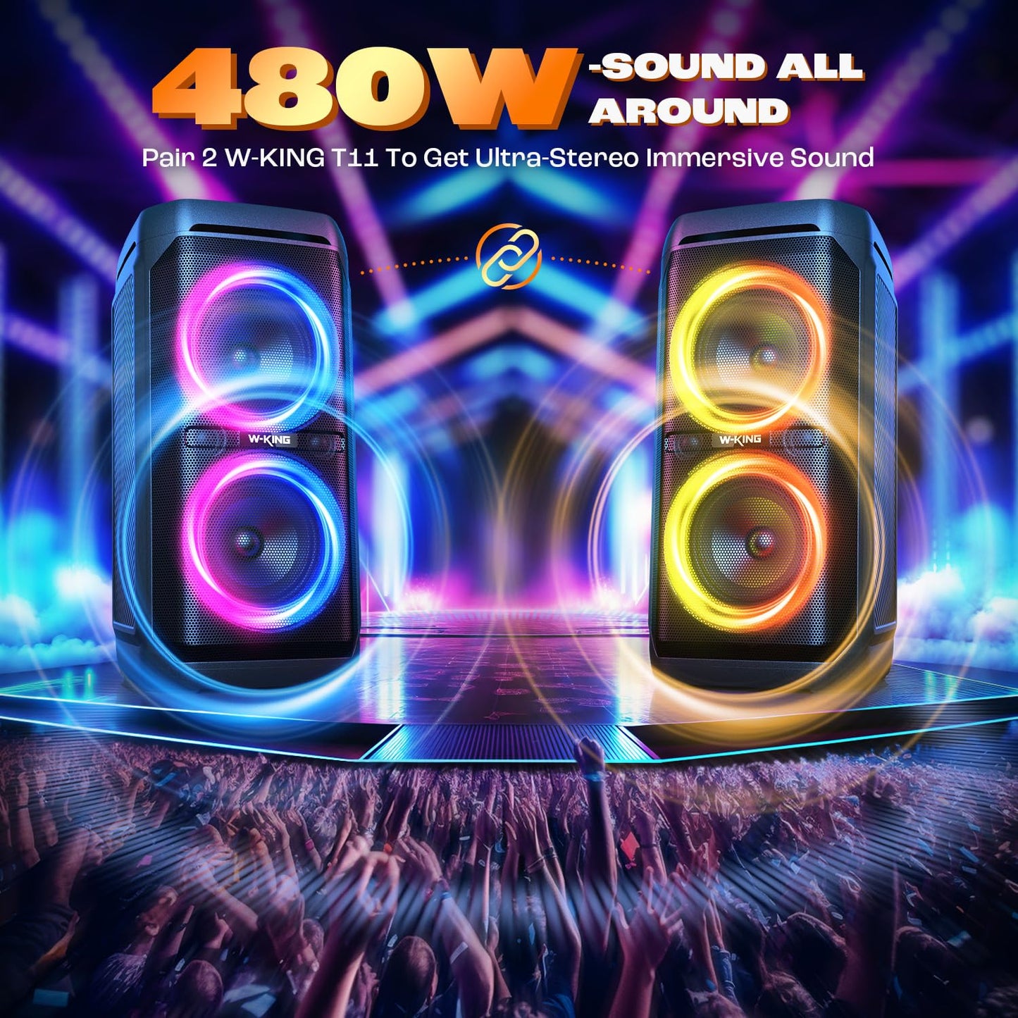 W-KING 240W Peak Party Bluetooth Lautsprecher, Outdoor, IPX6 wasserdicht, 115dB, Dual Bass, BT5.3, 24h Akku, EQ, Echo, DSP, Licht, TF