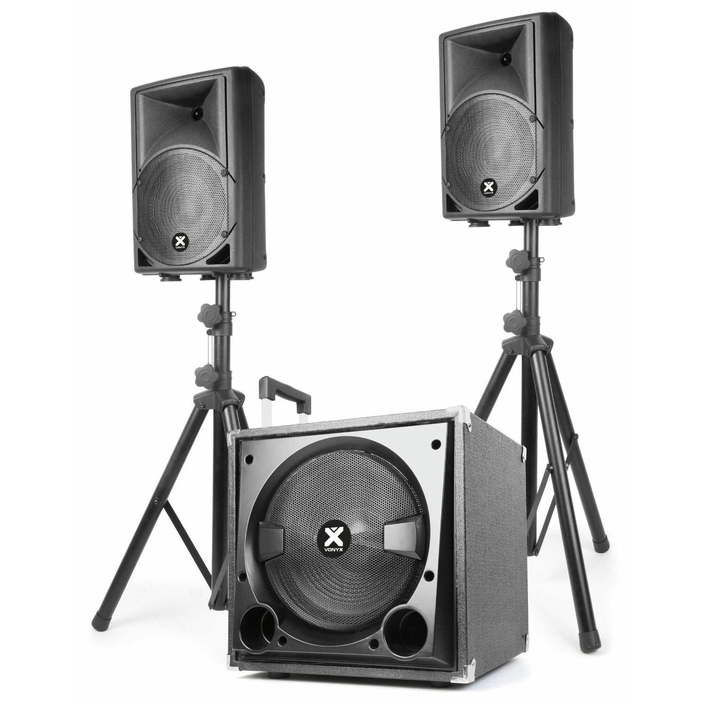 Vonyx VX800BT DJ Boxen Set: 12" aktiver Subwoofer, 2 passive Tops, 800W, Bluetooth, USB, SD, PA Anlage mit Stativen, Schwarz
