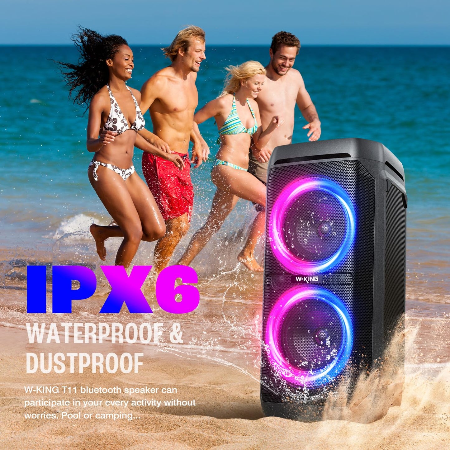 W-KING 240W Peak Party Bluetooth Lautsprecher, Outdoor, IPX6 wasserdicht, 115dB, Dual Bass, BT5.3, 24h Akku, EQ, Echo, DSP, Licht, TF