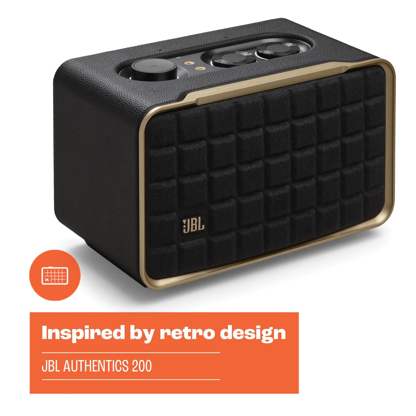 JBL Authentics 200 Smart Home Lautsprecher, Retro Design, Bluetooth, Quadrex Grill, Google Assistant, Alexa, AirPlay, JBL One App, Schwarz