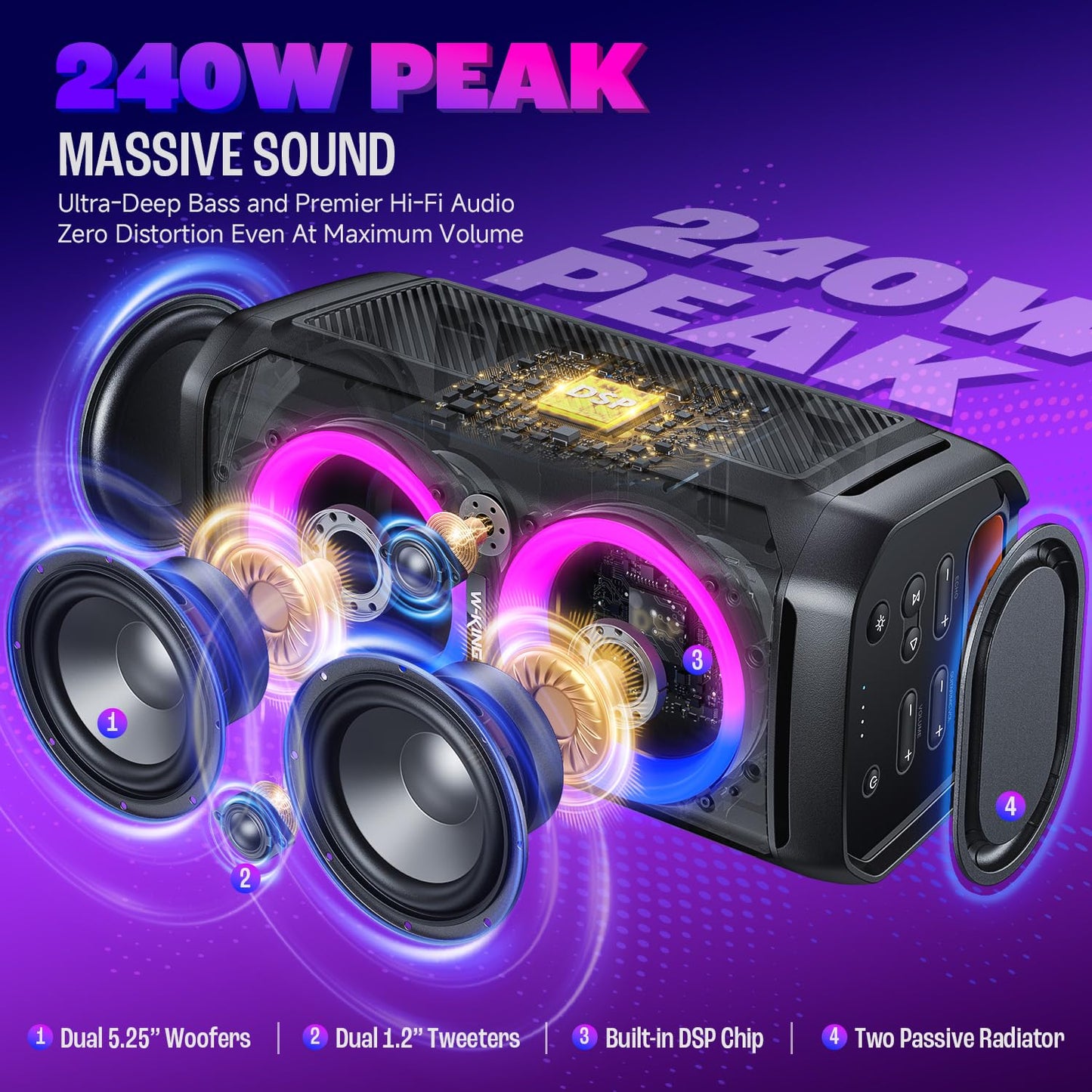 W-KING 240W Peak Party Bluetooth Lautsprecher, Outdoor, IPX6 wasserdicht, 115dB, Dual Bass, BT5.3, 24h Akku, EQ, Echo, DSP, Licht, TF