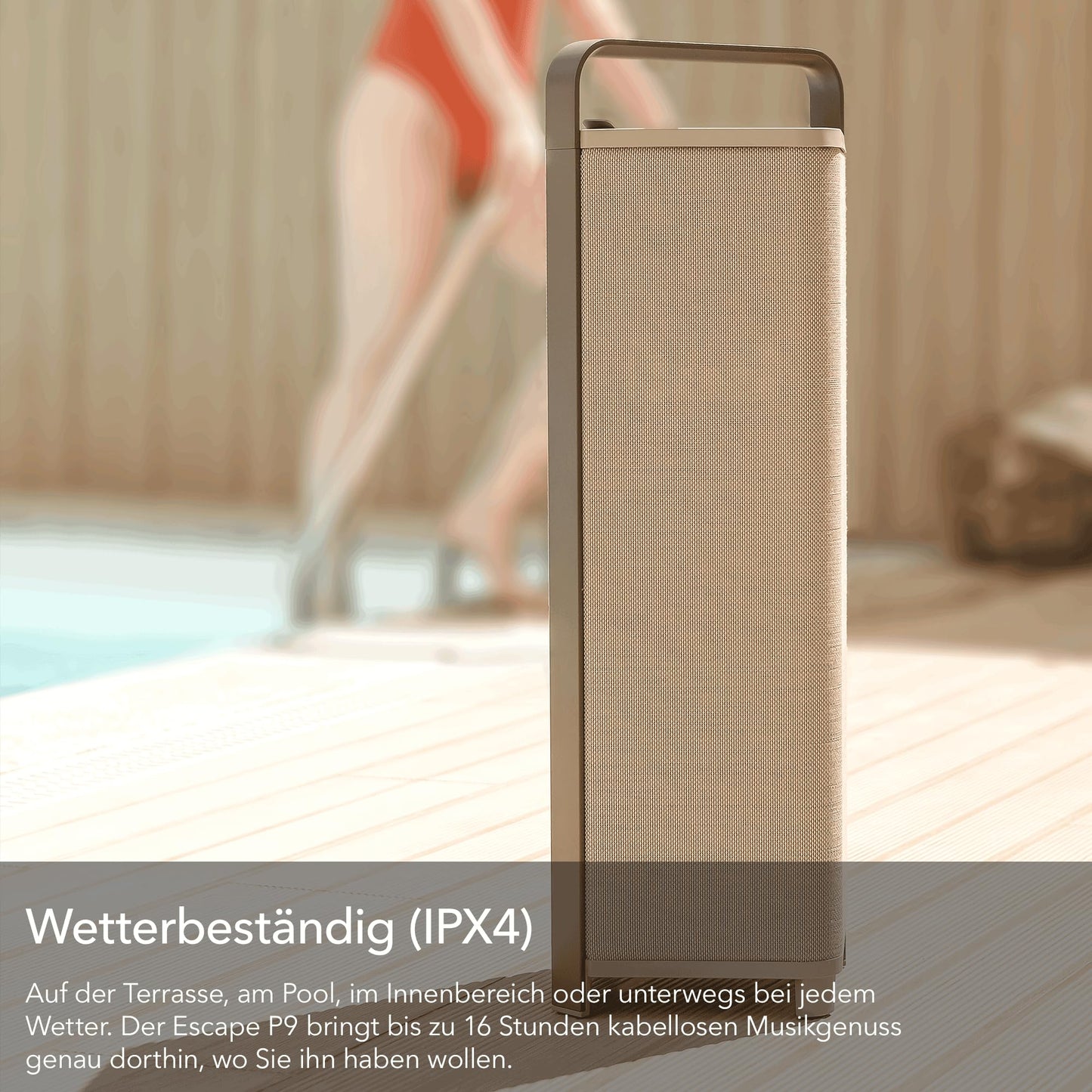 Escape P9 Outdoor Bluetooth Lautsprecher, IPX4, 100W, 16h Akku, kabellos & tragbar, beige – HiFi für Garten & Outdoor