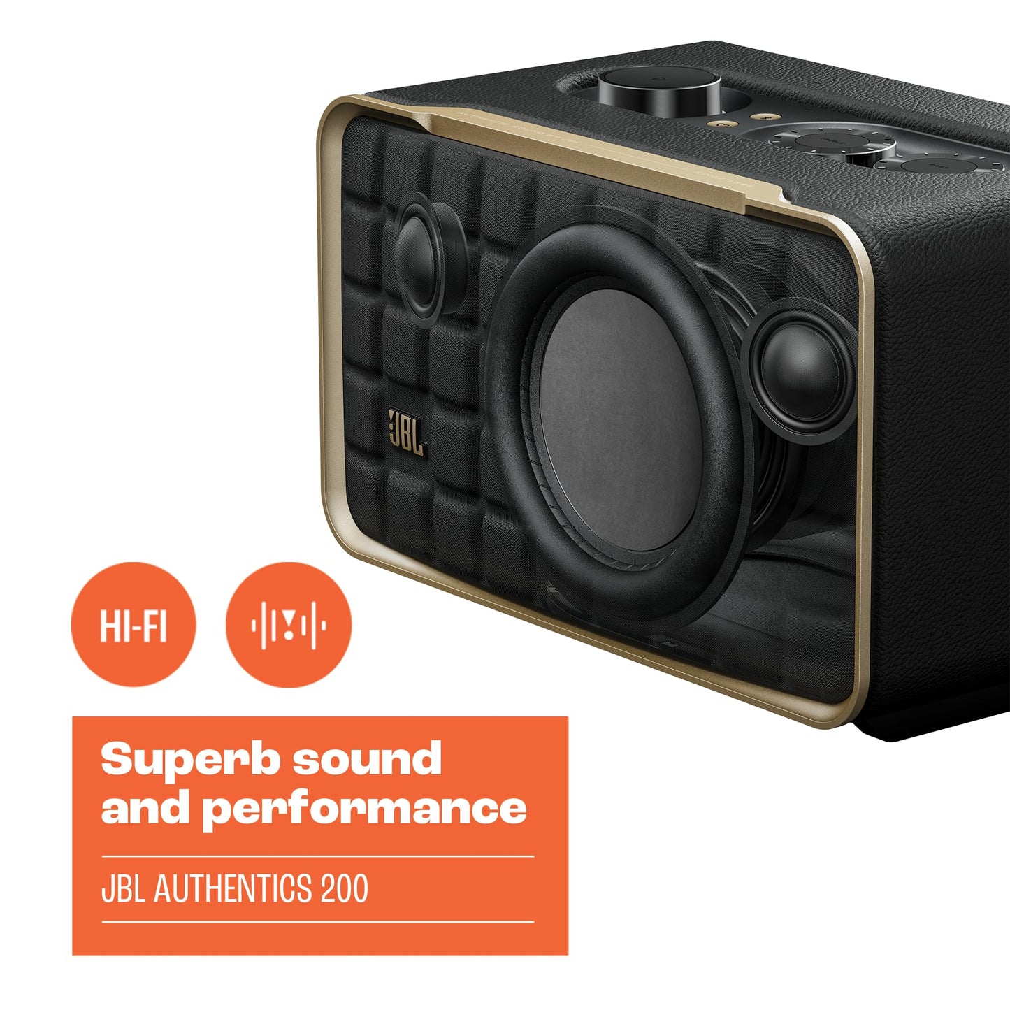 JBL Authentics 200 Smart Home Lautsprecher, Retro Design, Bluetooth, Quadrex Grill, Google Assistant, Alexa, AirPlay, JBL One App, Schwarz