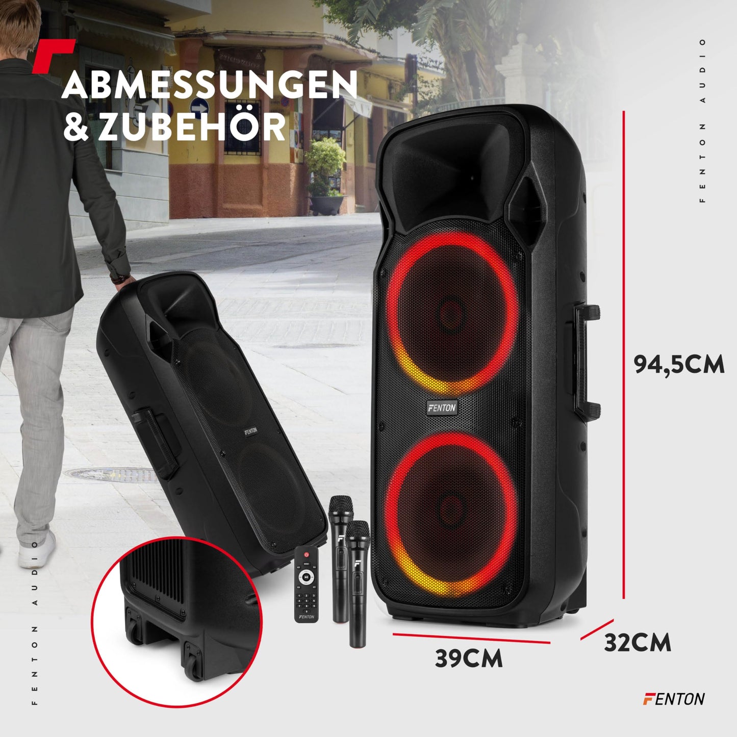 Fenton FT212LED MK2 Partybox Bluetooth Lautsprecher 1400W, 15" LED Subwoofer, Mikrofon, Akku & Netzbetrieb, AUX, USB, Stereo-Pairing