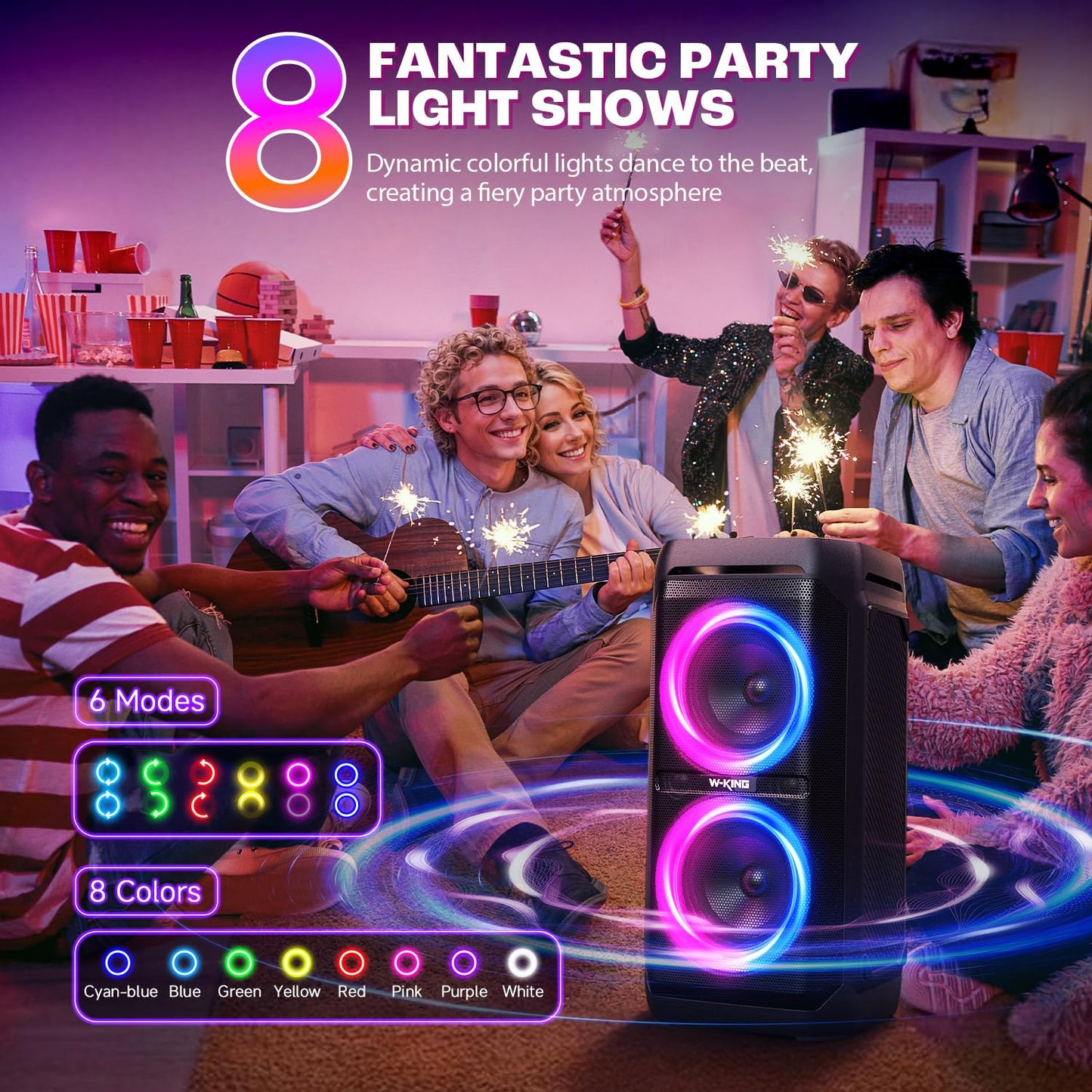 W-KING 240W Peak Party Bluetooth Lautsprecher, Outdoor, IPX6 wasserdicht, 115dB, Dual Bass, BT5.3, 24h Akku, EQ, Echo, DSP, Licht, TF