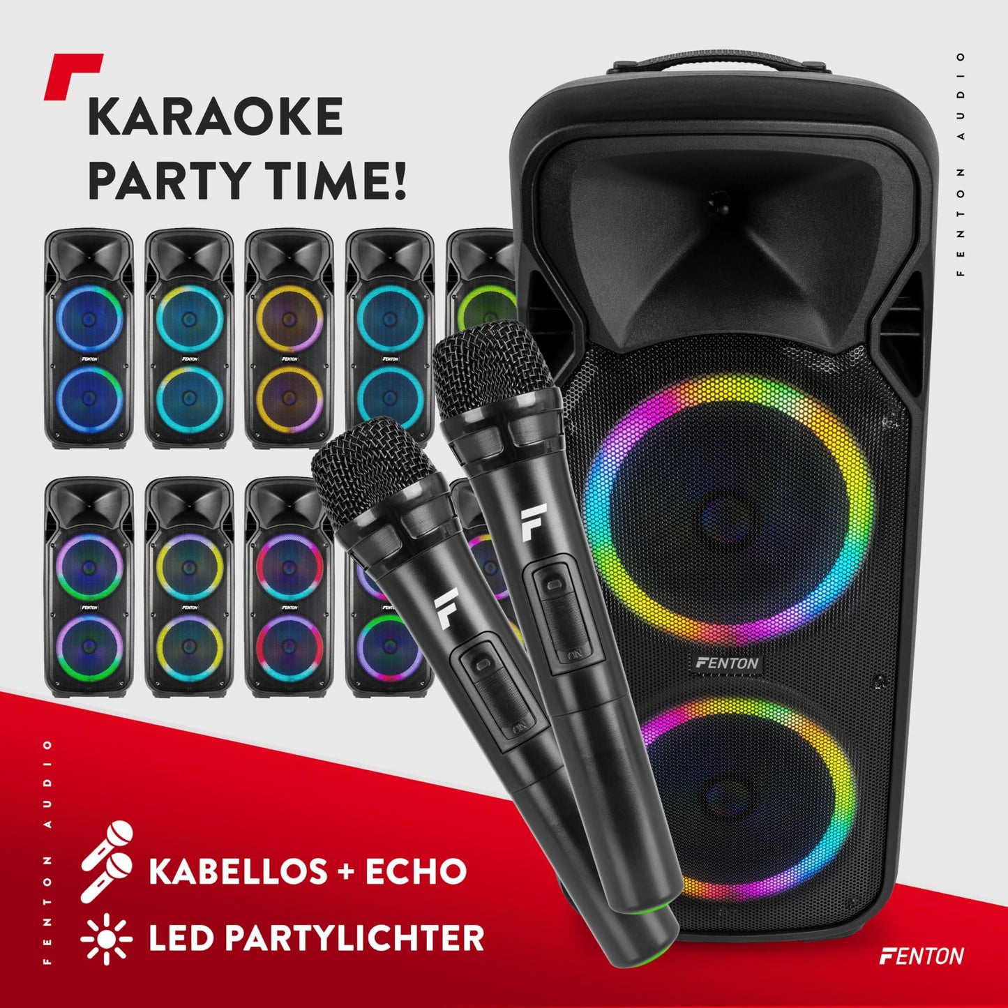 Fenton FT212LED MK2 Partybox Bluetooth Lautsprecher 1400W, 15" LED Subwoofer, Mikrofon, Akku & Netzbetrieb, AUX, USB, Stereo-Pairing