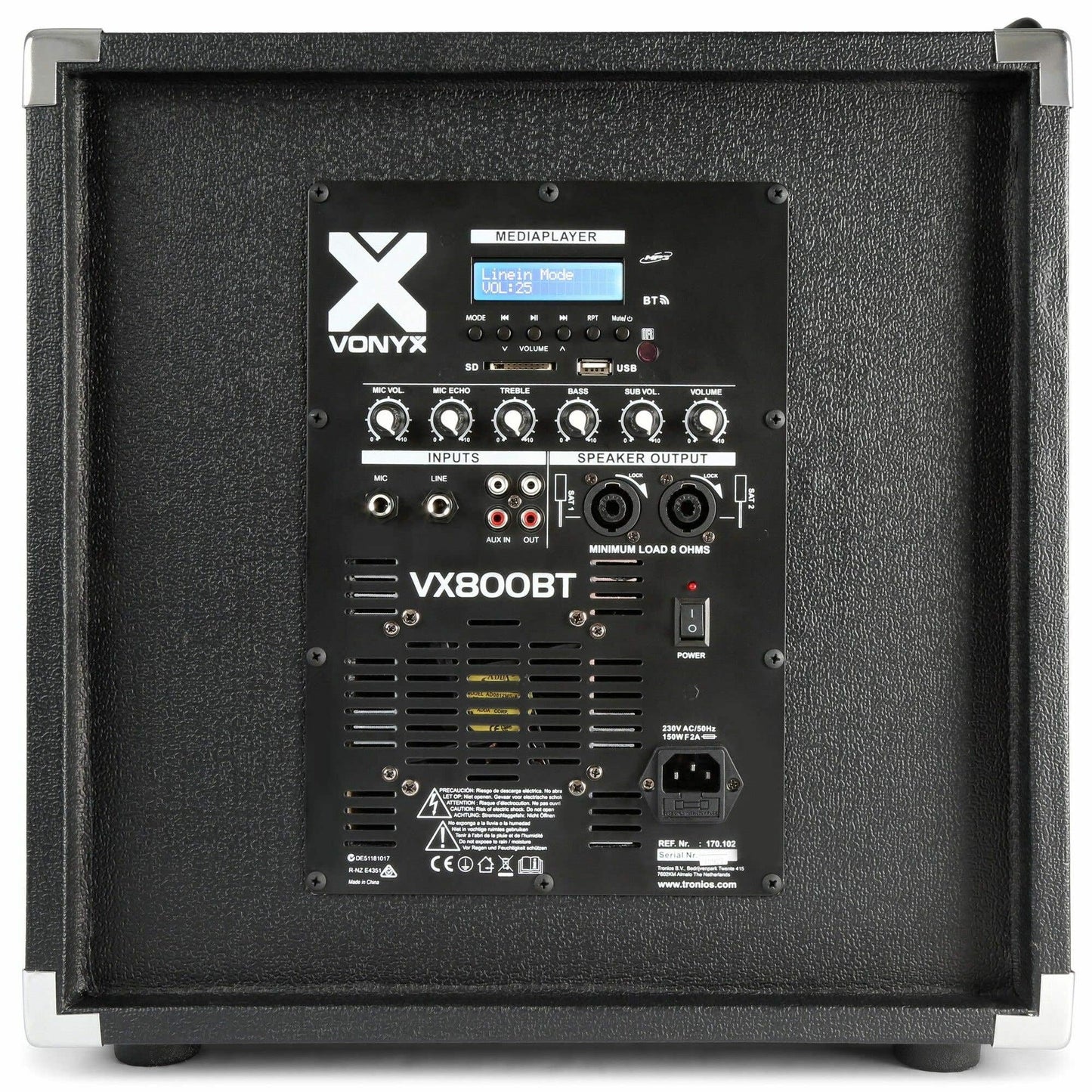 Vonyx VX800BT DJ Boxen Set: 12" aktiver Subwoofer, 2 passive Tops, 800W, Bluetooth, USB, SD, PA Anlage mit Stativen, Schwarz