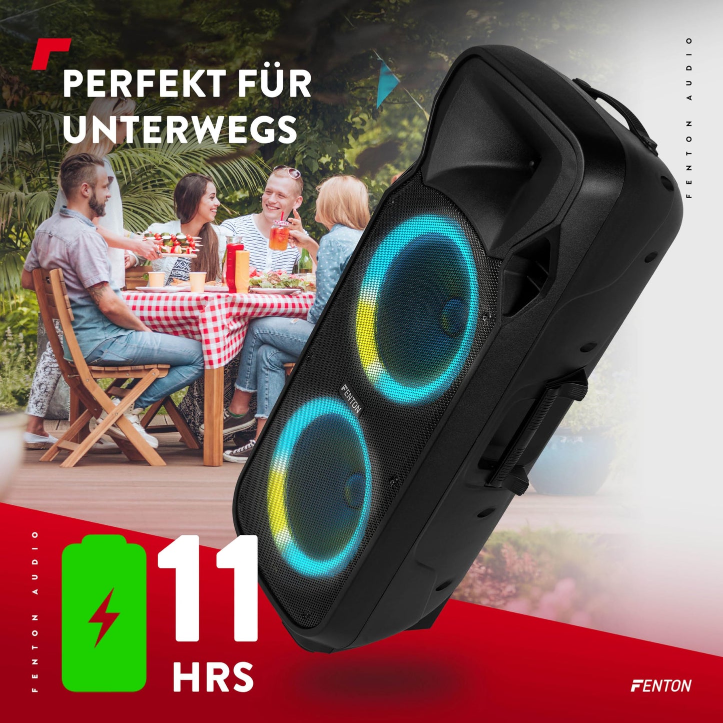Fenton FT212LED MK2 Partybox Bluetooth Lautsprecher 1400W, 15" LED Subwoofer, Mikrofon, Akku & Netzbetrieb, AUX, USB, Stereo-Pairing