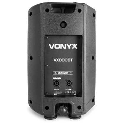 Vonyx VX800BT DJ Boxen Set: 12" aktiver Subwoofer, 2 passive Tops, 800W, Bluetooth, USB, SD, PA Anlage mit Stativen, Schwarz