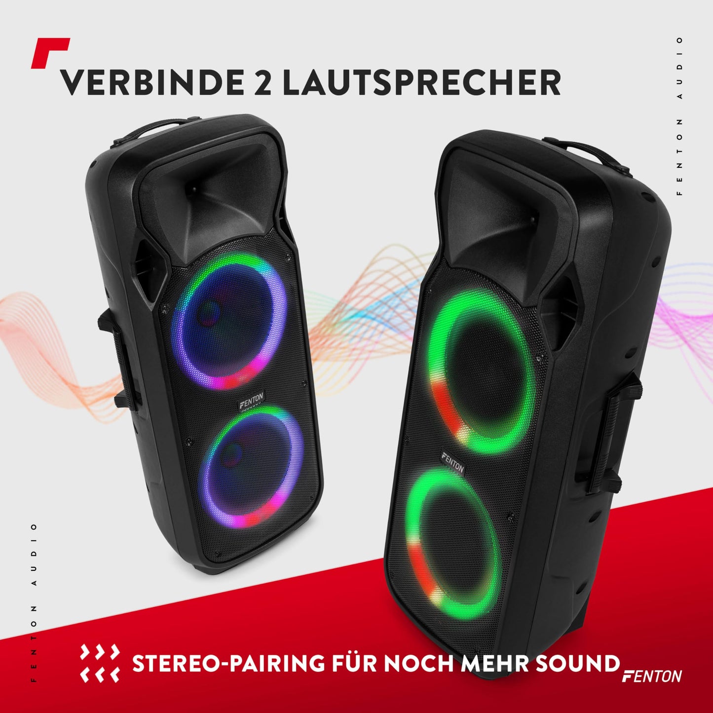 Fenton FT212LED MK2 Partybox Bluetooth Lautsprecher 1400W, 15" LED Subwoofer, Mikrofon, Akku & Netzbetrieb, AUX, USB, Stereo-Pairing