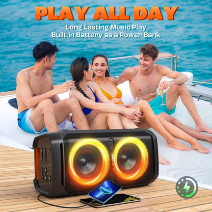 W-KING 240W Peak Party Bluetooth Lautsprecher, Outdoor, IPX6 wasserdicht, 115dB, Dual Bass, BT5.3, 24h Akku, EQ, Echo, DSP, Licht, TF