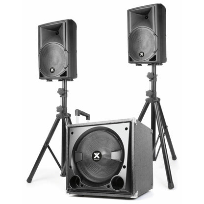 Vonyx VX800BT DJ Boxen Set: 12" aktiver Subwoofer, 2 passive Tops, 800W, Bluetooth, USB, SD, PA Anlage mit Stativen, Schwarz