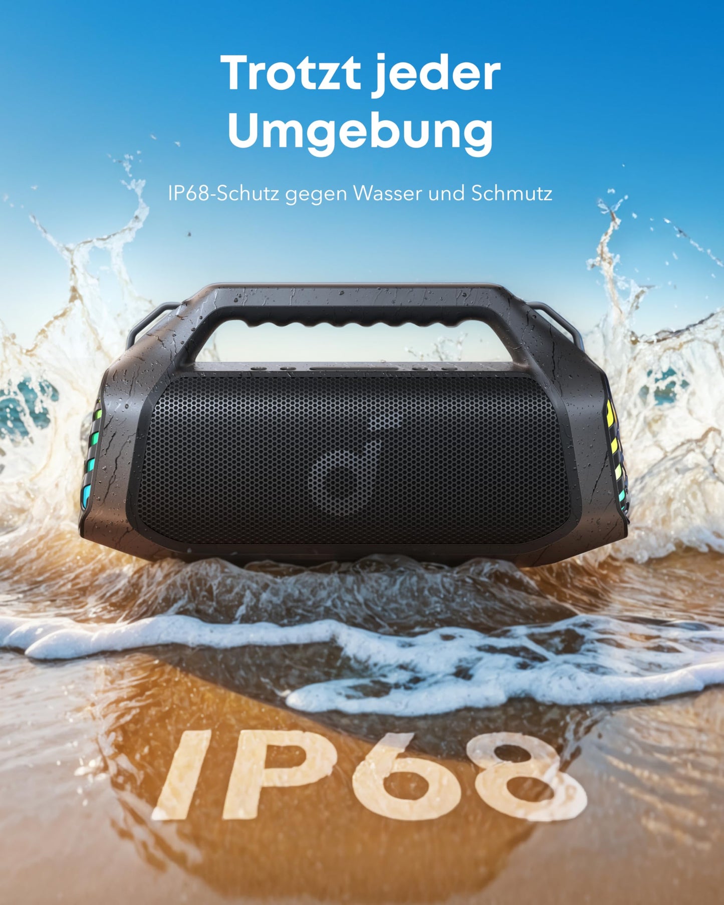 Soundcore Boom 2 Pro Outdoor Lautsprecher, 140W, 2+2 Kanäle, BassUp 2.0, 20h Akku, Schnellladung, IP68, RGB, USB-C, Powerbank, BT 5.3
