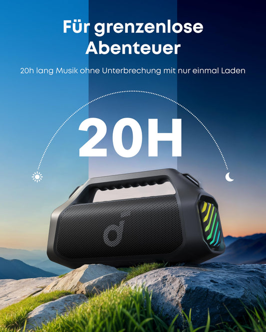 Soundcore Boom 2 Pro Outdoor Lautsprecher, 140W, 2+2 Kanäle, BassUp 2.0, 20h Akku, Schnellladung, IP68, RGB, USB-C, Powerbank, BT 5.3