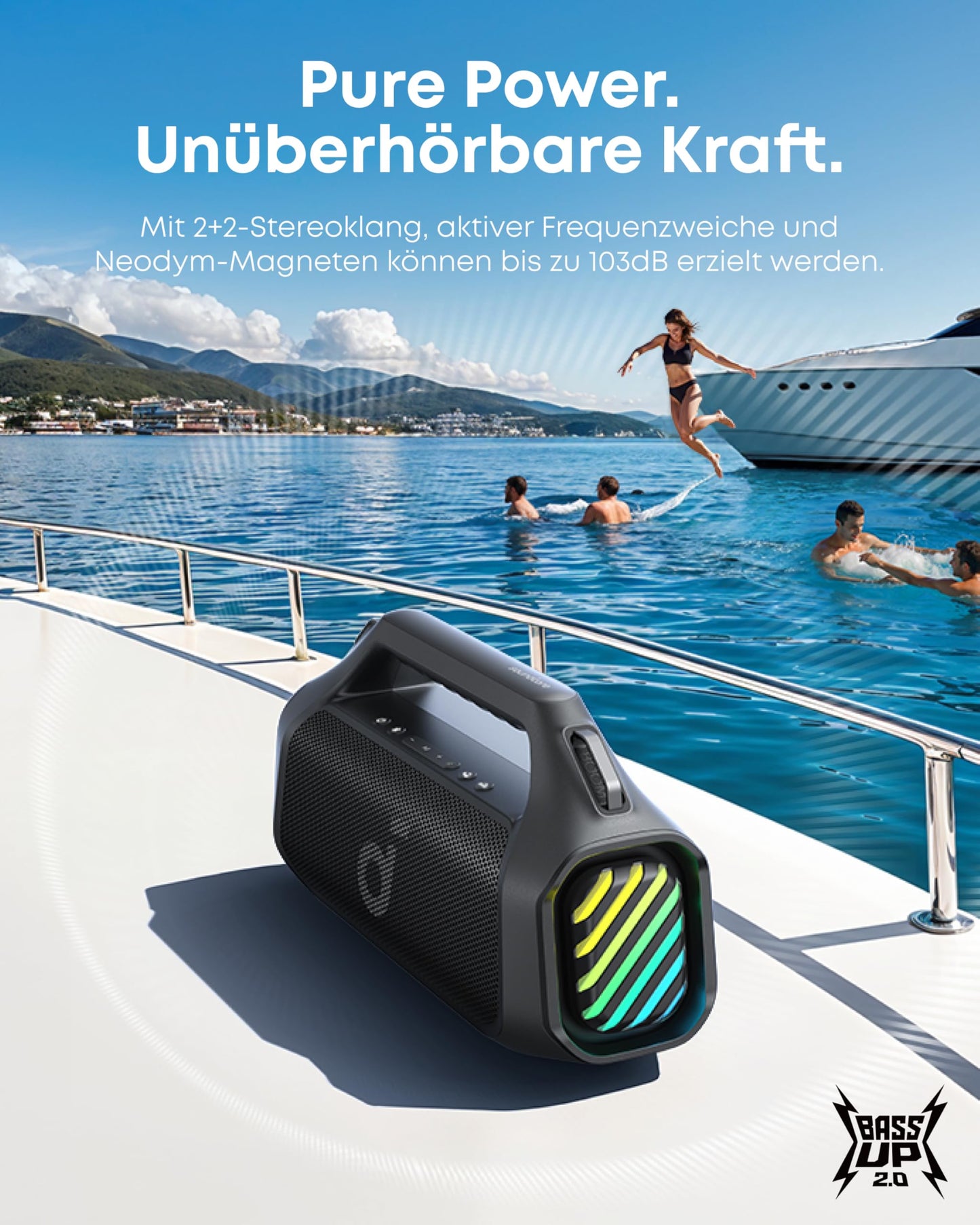 Soundcore Boom 2 Pro Outdoor Lautsprecher, 140W, 2+2 Kanäle, BassUp 2.0, 20h Akku, Schnellladung, IP68, RGB, USB-C, Powerbank, BT 5.3