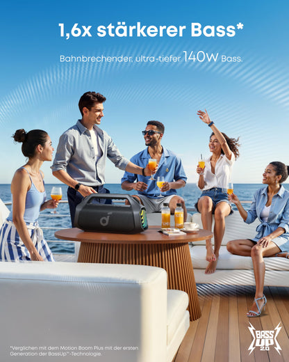 Soundcore Boom 2 Pro Outdoor Lautsprecher, 140W, 2+2 Kanäle, BassUp 2.0, 20h Akku, Schnellladung, IP68, RGB, USB-C, Powerbank, BT 5.3