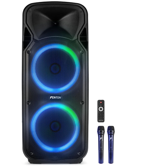 Fenton FT212LED MK2 Partybox Bluetooth Lautsprecher 1400W, 15" LED Subwoofer, Mikrofon, Akku & Netzbetrieb, AUX, USB, Stereo-Pairing