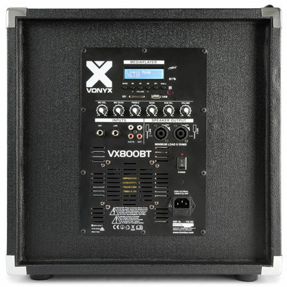Vonyx VX800BT DJ Boxen Set: 12" aktiver Subwoofer, 2 passive Tops, 800W, Bluetooth, USB, SD, PA Anlage mit Stativen, Schwarz
