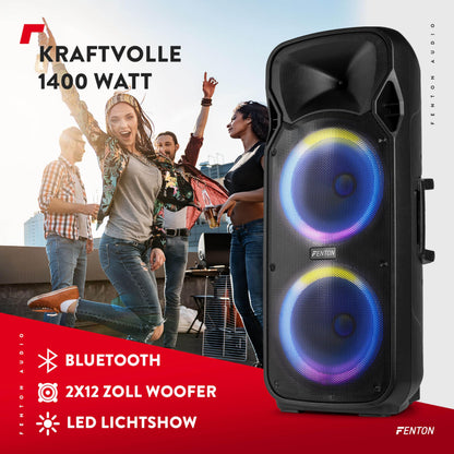 Fenton FT212LED MK2 Partybox Bluetooth Lautsprecher 1400W, 15" LED Subwoofer, Mikrofon, Akku & Netzbetrieb, AUX, USB, Stereo-Pairing
